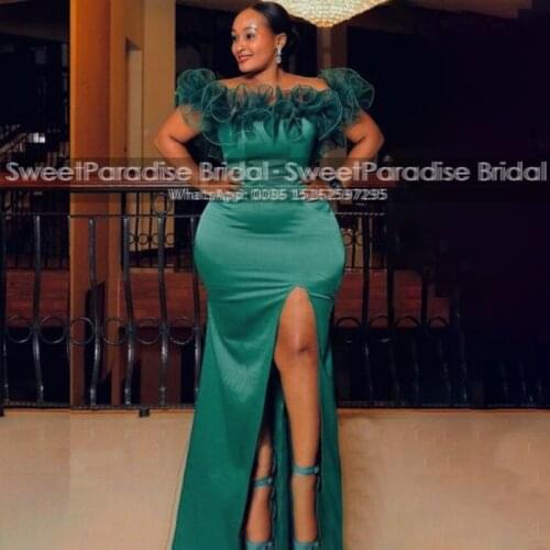 Ruffles Boat Neck Hunter Green Bridesmaid Dresses Mermaid Long High Split African Black Girls Wedding Guest Dress Party