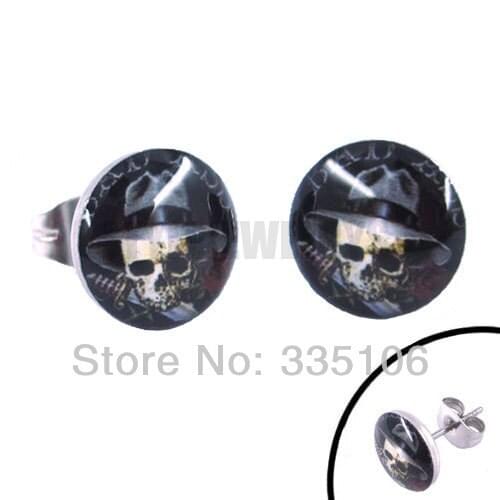 Fashion Hat Skull Earrings Stainless Steel Jewelry Sword and Rose Motor Earring Studs SJE370045A