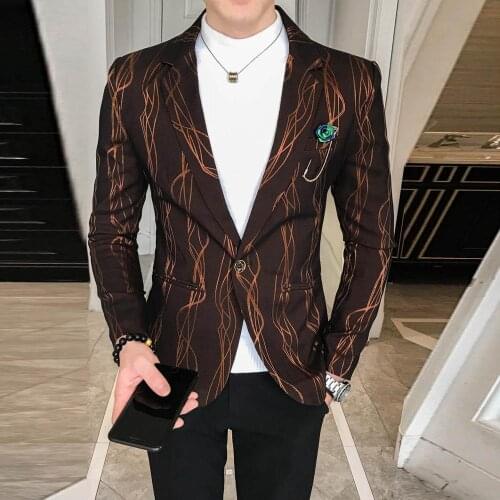 2020 New Brown Floral Printing Jacket for Men Slim fit Men Prom Party Wedding Blazers Fashion Singer Stage Perfermance Costume