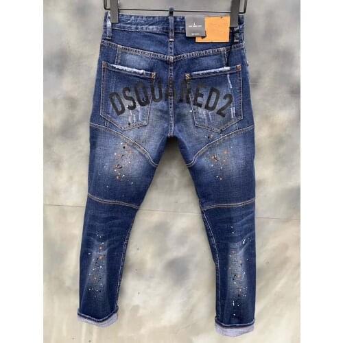 New DSQUARED2 Mens/Women Fashion Slim Stitching Frayed Patch Paint Micro-Elastic Hole Jeans T125