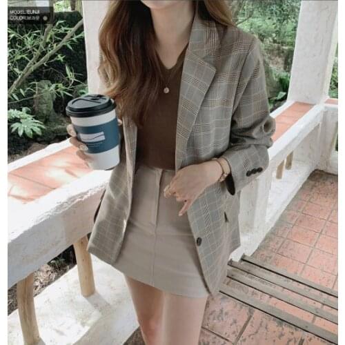 New suits Female Vintage Autumn Office Ladies Notched Collar Plaid Women Blazer Breasted Jacket Casual Pockets Female Suits Coat