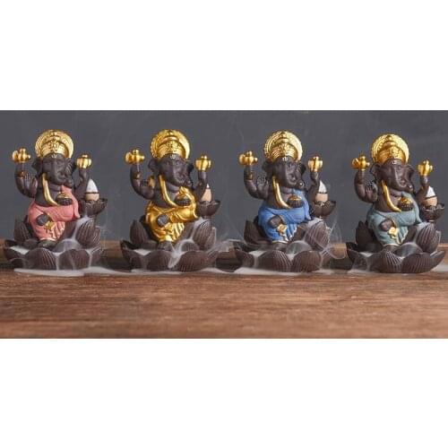 New Ceramic Ganesha Elephant God Buddha Statues Backflow Incense Burner Home Office Incense Cones