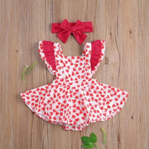 0-24M Infant Baby Girl Sweet Romper Dress Heart Print Ruffle Short Sleeve Summer Tutu Playsuit+Bow Headband 2pcs