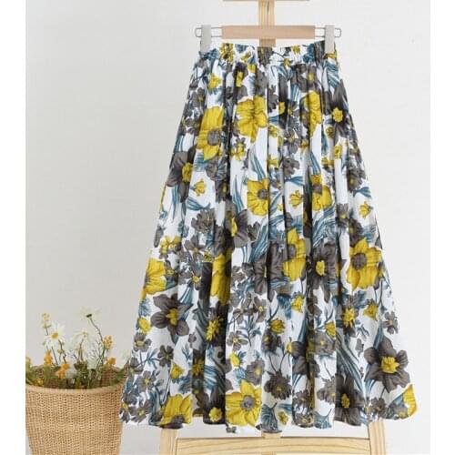 OUMENGKA Summer Skirts Womens 2021 New Vintage Floral Print Cotton Elastic High Waist Casual Midi Skirt Ladies Clothes Jupe