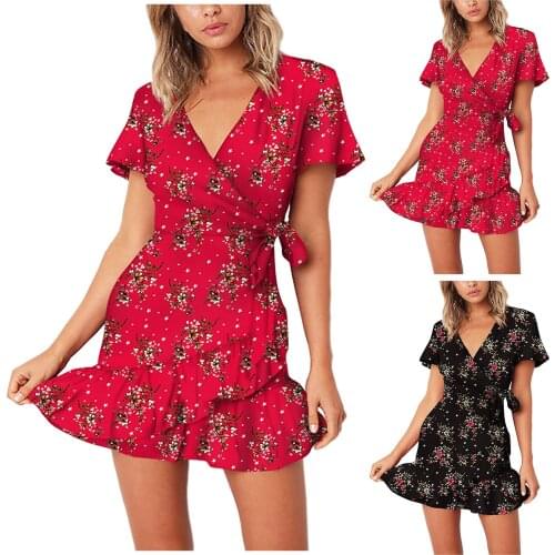 Women Sexy V-neck Butterfly Lace-up Ruffle Dress Summer Casual Short-Sleeve Boho Floral Beach Dress Vintage Female Mini Vestidos