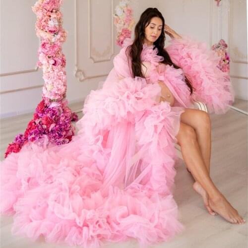 Pink Maternity Dresses For Photo Shoot Tulle Ruffles Pregnancy Dress Photography Prop Maxi Gown with Long Train Women Clothes