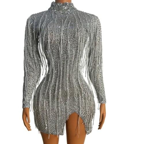 Gray Tassel Shining Stones Sexy Dress Birthday Prom Celebrate Fringes Dress Evening Female Singer Show Dance mini Dress