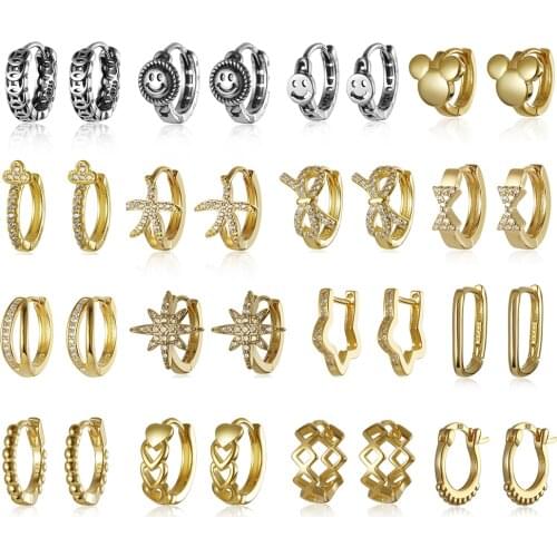 1pcs Sterling Silver Earrings 925 Hoop Small Bulk Zircon Round Gold Star/heart/beads/flower/Smiley for Woman Trendy Luxury Jewel
