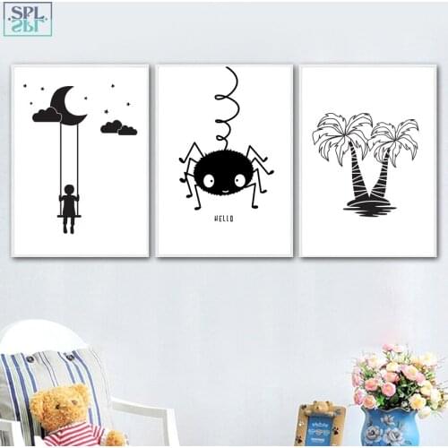 SPLSPL Swing Spider Canvas Painting Nordic Poster Black And White Poster Nordic Wall Pictures Nordic Style Kids Decoration