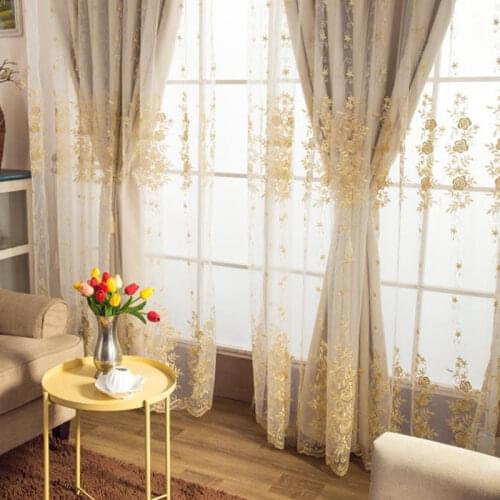 Luxury Golden Rose Embroidery Tulle Curtains for Living Room Double Elegant Lace Tulle add Beige Cloth for Bedroom ZH001#VT