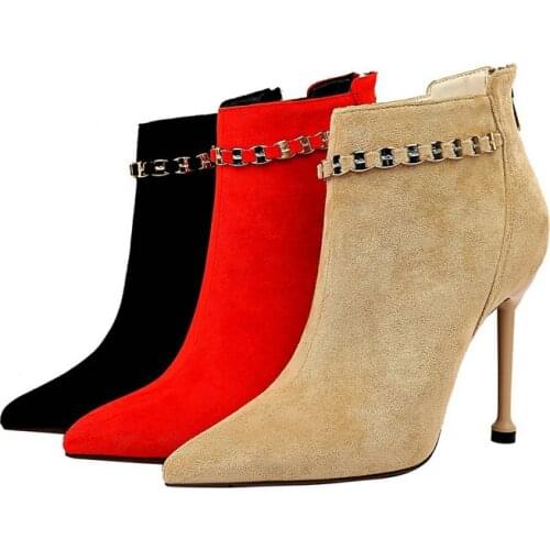 UMMEWALO Ankle Length Flock Boots Women Fashion Pointed Toe Thin Heels High Heel Shoes Winter Chain Design Ankle Boots Ladies