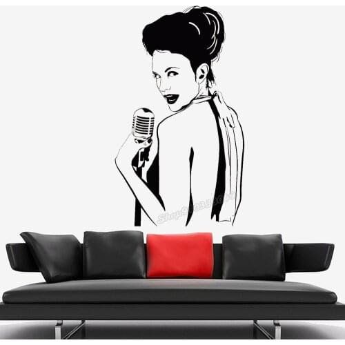 Vinyl Wall Decal Singer Retro Microphone Woman Voice Jazz Wall Stickers Music Wall Decor Home Room Decoration Accessories B465