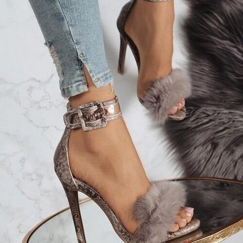MHYONS Women Summer High Heel Sandals Leopard Fur Square High Heel Shoes Woman Ankle Strap Buckle Sandal size 35-43