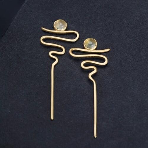 VLA 925 Sterling Silver Fashion Simple Geometric Line Earrings Womens Creative Personality Prehnite Earrings Jewelry