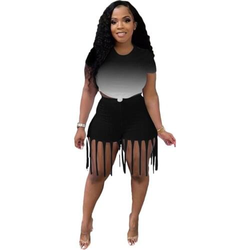Womens Top Shorts Sets 2021 New Womens Fashion Sexy Round Neck Tassel Slim Fit Pant Suits Two-Piece Suit Womens Summer Suit