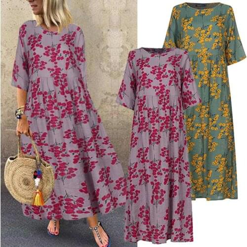 2019 ZANZEA Vintage Printed Maxi Dress Womens Sundress Autumn Half Sleeve Tunic Vestido Female Casual Floral Robe