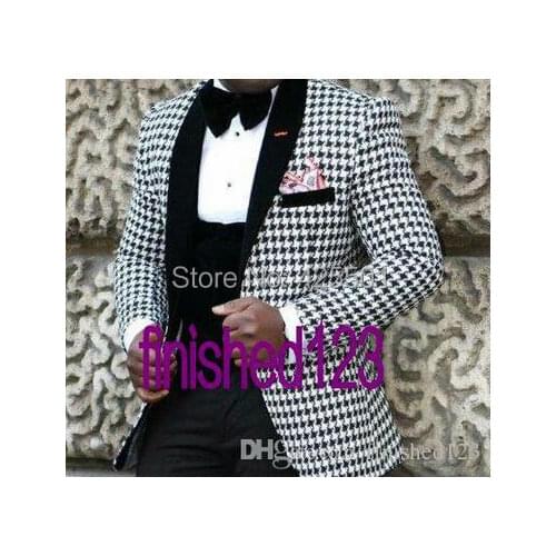 2020 Groom Formal Mens Suits Houndstooth 3 Pieces Terno Masculino Smoking Prom Best Man Blazer Slim Fit Men Wedding Suits Tuxedo