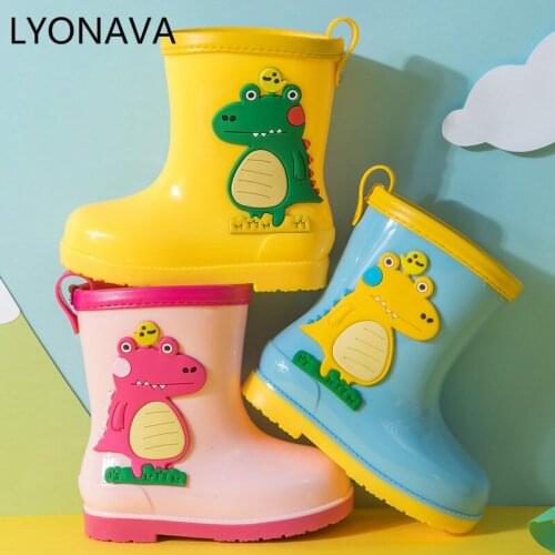 LYONAVA Rain Boots Kids Spring Girl Cute 3D Dinosaur Childrens Boys Boot Summer Ankle PVC Waterproof Baby Water Shoes Rainboots