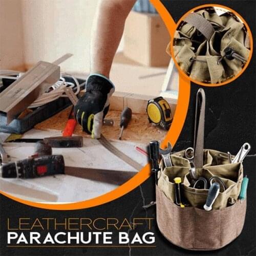 Leather Craft Parachute Bag Multi-Pocket Gardening Tool Storage Bag Round Oxford Cloth Drawstring Handbag Shovels Screwdrivers O