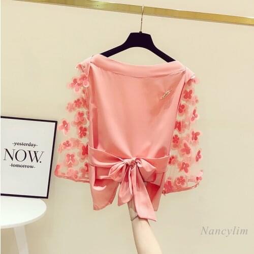 Sweet Three-Dimensional Flower Mesh sleeve Stitching off Shoulder slash collor Shirt Womens Summer tops blouses blusas