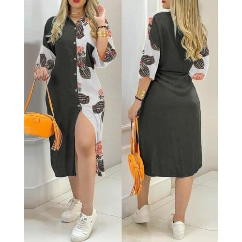 Fashion Women Long Sleeve Shirt Dress Autumn Printed Long Dresses Laides Turn-down Collar Loose Sundress Party Dresses