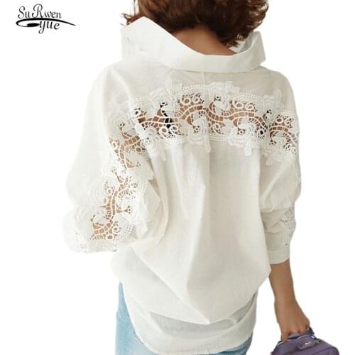 Fashion Women Tops Autumn 2020 Backless Sexy Hollow Out Lace Blouse Shirt Ladies Casual Loose White Office Blouse Women 1310 40