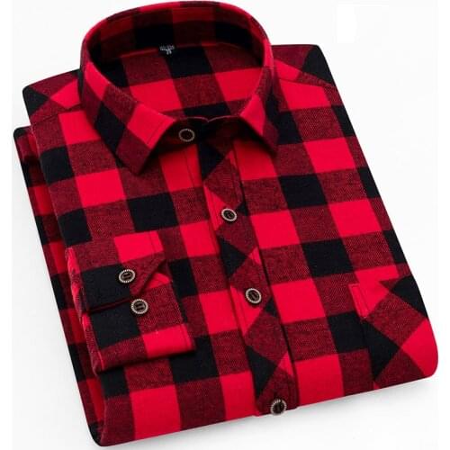 2021Fall New Smart Casual Mens Flannel Plaid Shirt Brand Male Business Office Red Black Checkered Long Sleeve Shirt Clothes