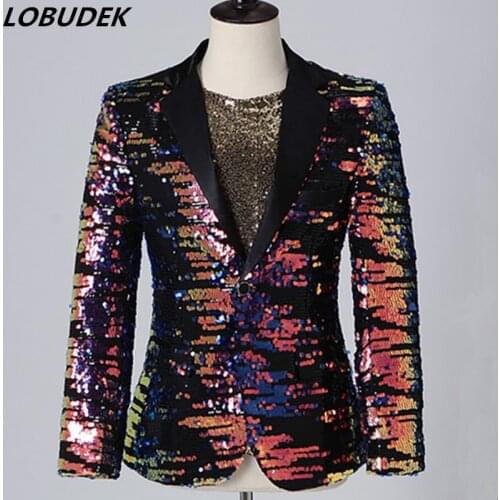 Men Multi-color Sequins Blazer Suit Jackets Bar Nightclub Concert Male Singer Stage Casual Coat Singer Host Performance Costume