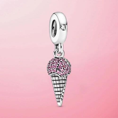 New s925 Sterling Silver Pave Ice Cream Cone Dangle Charm Beads Fit Original Europe Bracelet Necklace 2021 DIY fine Jewelry Gift