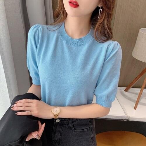 New womens ice silk knitted sweater, bottom wear, loose Korean version of students sleeveless middle sleeve t-shirt