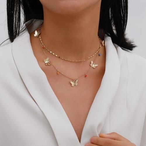 2PCS Women Girls Necklace Copper Choker Necklace Bead Metal Butterfly Tassels Pendant Necklace Jewelry Accessories