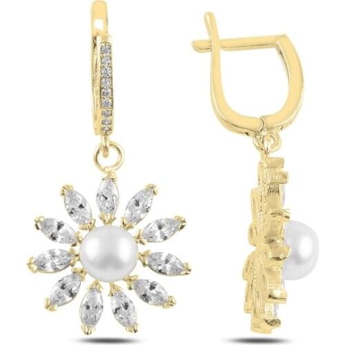 Silver 925 Sterling Pearl & Zircon Crystal Daisy Earrings