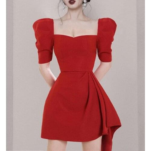 SMTHMA Sexy Asymmetry Women Puffed Sleeves Dress Square Neck Slim Waist Party Dresses 2021 New Summer Vintage Elegant Dresses