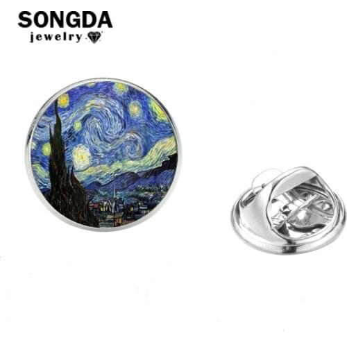 SONGDA Vintage Van Gogh The Starry Night Lapel Pins Famous Oil Painting Round Glass Dome Brooches Banquet Accessories Collection