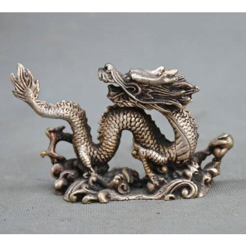 Folk Chinese Fengshui Silver Carved Zodiac Year Dragon Play Ball Statue Figurine