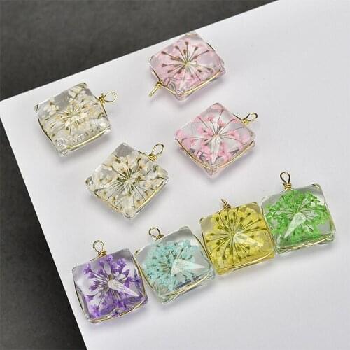 Spring style 20pcs/lot color flowers core decoration Glass geometry square shape Copper charms diy jewelry earring pendants