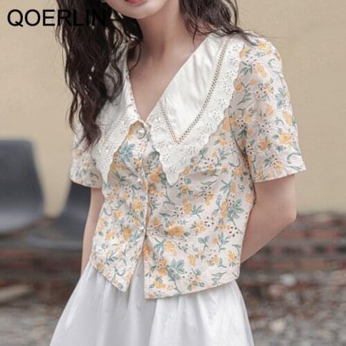 QOERLIN Printed Blouse Female Plus Size 2021 Summer Womens Blouse Korean Polka Dot Short Sleeve Hollow Out Shirt Cropped Tops