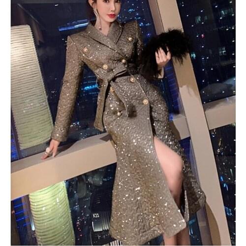 2021 Autumn and Winter Women New Lapel Cotton Double-breasted Lace-up Jacket Long-sleeved Popular Sequined Mermaid Long Jacket