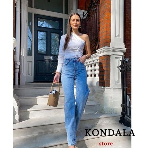 KONDALA Za Women New White Casual Shirt Lady Streetwear Blouse Sexy Cropped One-shoulder Tops Mujer Button Elegant Mujer Blusas