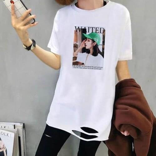 Summer Short Sleeve Women T-shirts Printed Tops and Tees for Women Girls Loose Style Hole Decoration
