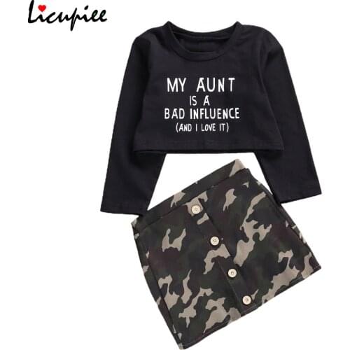 Baby Girl Letter 2 Pieces Baby Suit Set, Letter Print Round Neck Long Sleeve T-shirt Camouflage Print Skirt for Girls 1-6 Year