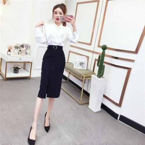 Women 2021 Spring Fashion Two Piece Sets Female Solid Color Bow Pullover Shirts Ladies High Waist Split Slim Skirts Suits E330