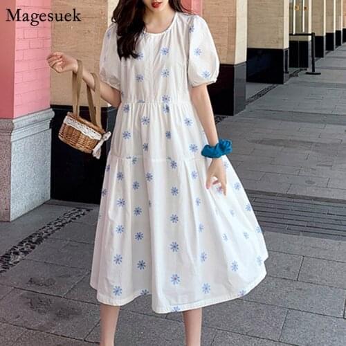 Korean Summer White Flower Dress Women 2021 Vintage Puff Sleeve Elegant Long Dress Partry Loose Plus Size Dresses Vestidos 14415