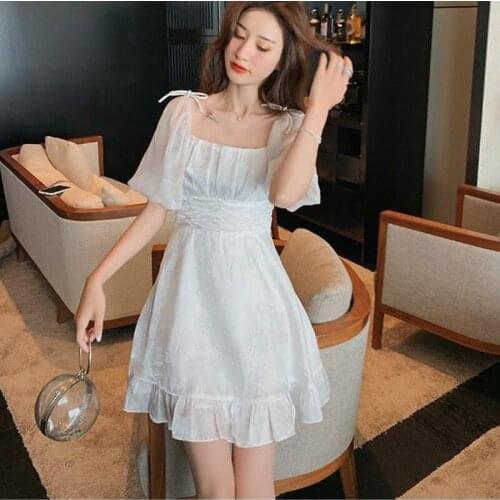 French Dress 2021 Summer Korean Japan Style Kawaii Vintage Retro White Rainbow Dress Women Elegant Puff Sleeve Mini Fairy Dress