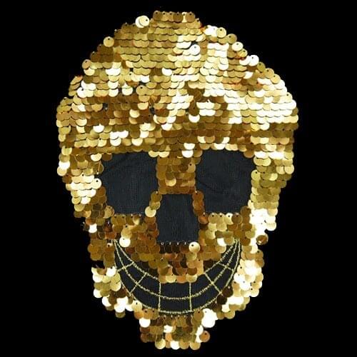 19x25cm Big Gold Sequin Skull Embroidery Patches for Clothing Sew on Clothes Appliques Badge Stripes Sticker Diy Craft Handwork