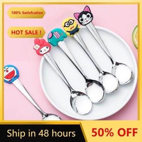 2Pcs/Set Cartoon Silicone Handle Mini Stainless Steel Spoon Soup Tea Spoon Kitchen Coffee Stir Coffee Dessert Spoon Children Gif