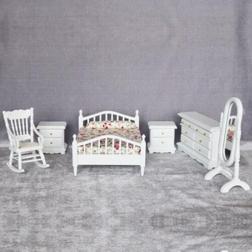A05-X010 children gift Toy 1:12 Dollhouse mini Furniture Miniature rement Doll accessories wooden White floral bedroom 6pcs/set