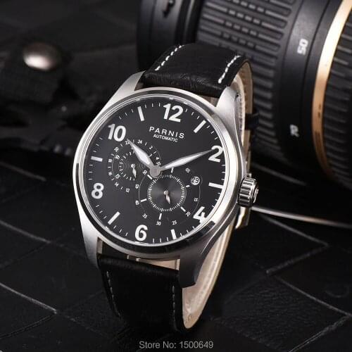 Parnis 44mm Simple fashion Miyota 8219 Automatic Mechnical Men Wrist Watch 24-hour Small Second black Watch dial with white mark