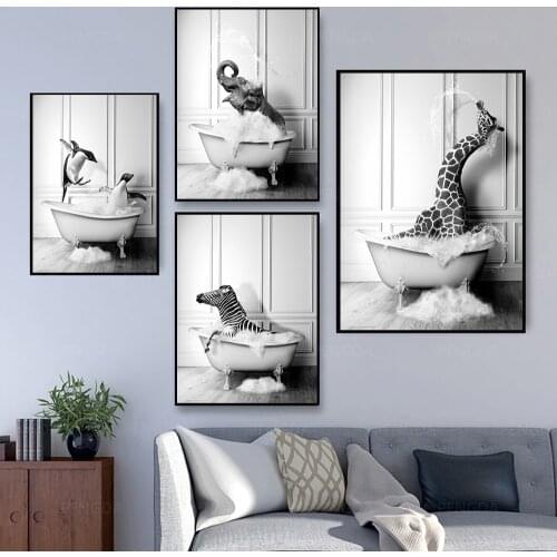 Black White Canvas Painting Animal Posters And Prints Elephant Giraffe Zebra Bathroom Wall Art Pictures Decorativos Home Decor