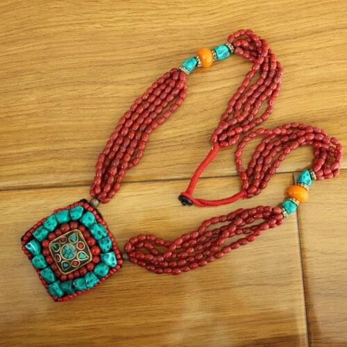 NK218 Ethnic Tibetan Long Flower Pendant Necklace Handmade Turquoises Beaded Necklace Bohemia Nepal Jewelry